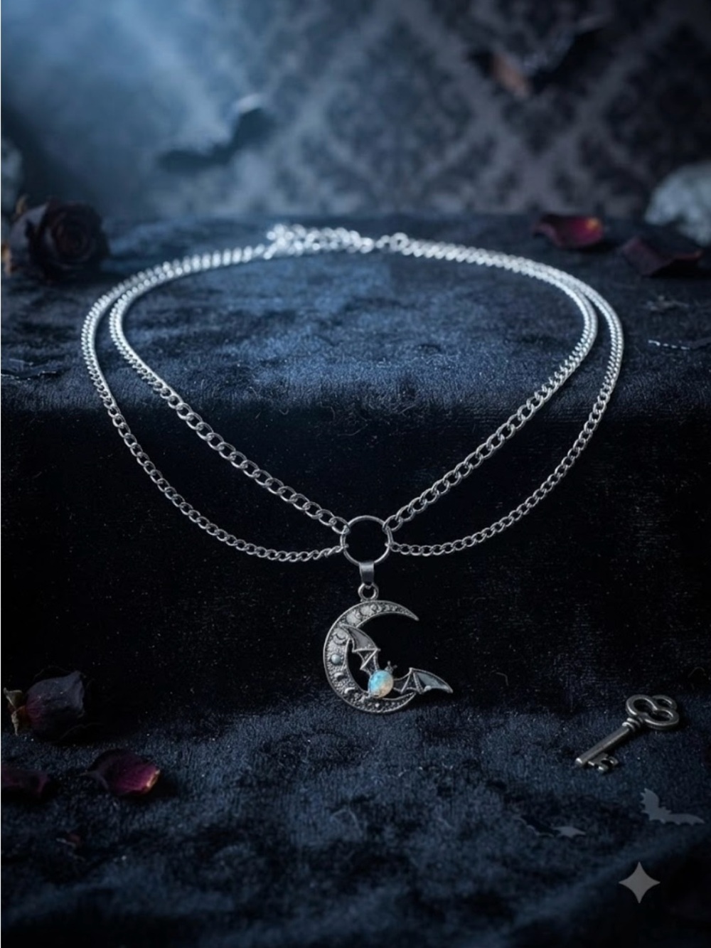 Hand Crafted Silver Moon & Bat Pendant Necklace - Picture 4 of 6